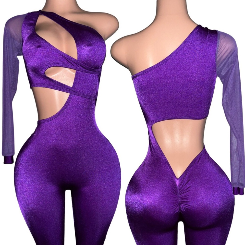 Purple Cutout One-Shoulder Jumpsuit stripper wear
